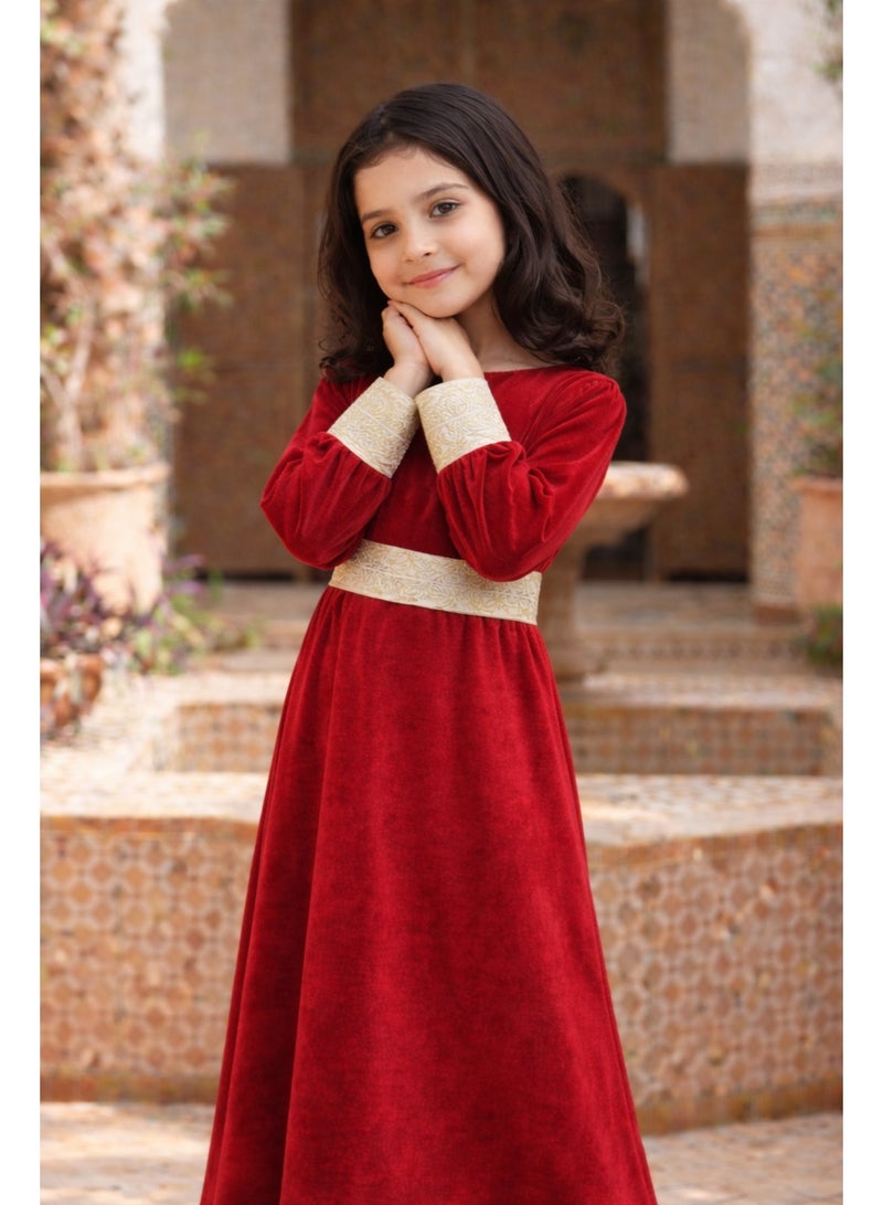 Girls Velvet Islamic Long Sleeve Dress with Separate Gold Belt, - Image 2